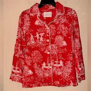 Red French Toile Pajama Top | Scenic Print Button Front
